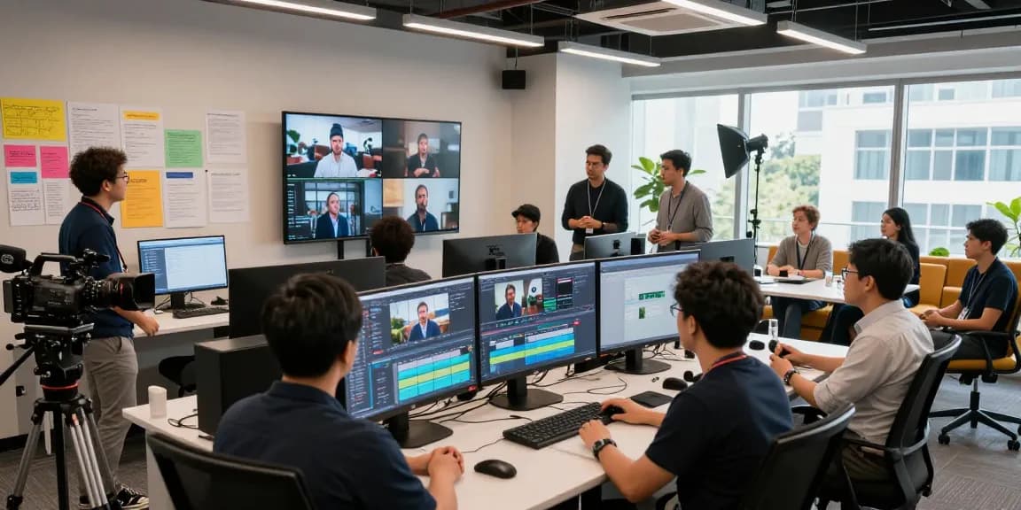 Singapore Corporate Video Production team collaborating creatively in a modern editing studio.