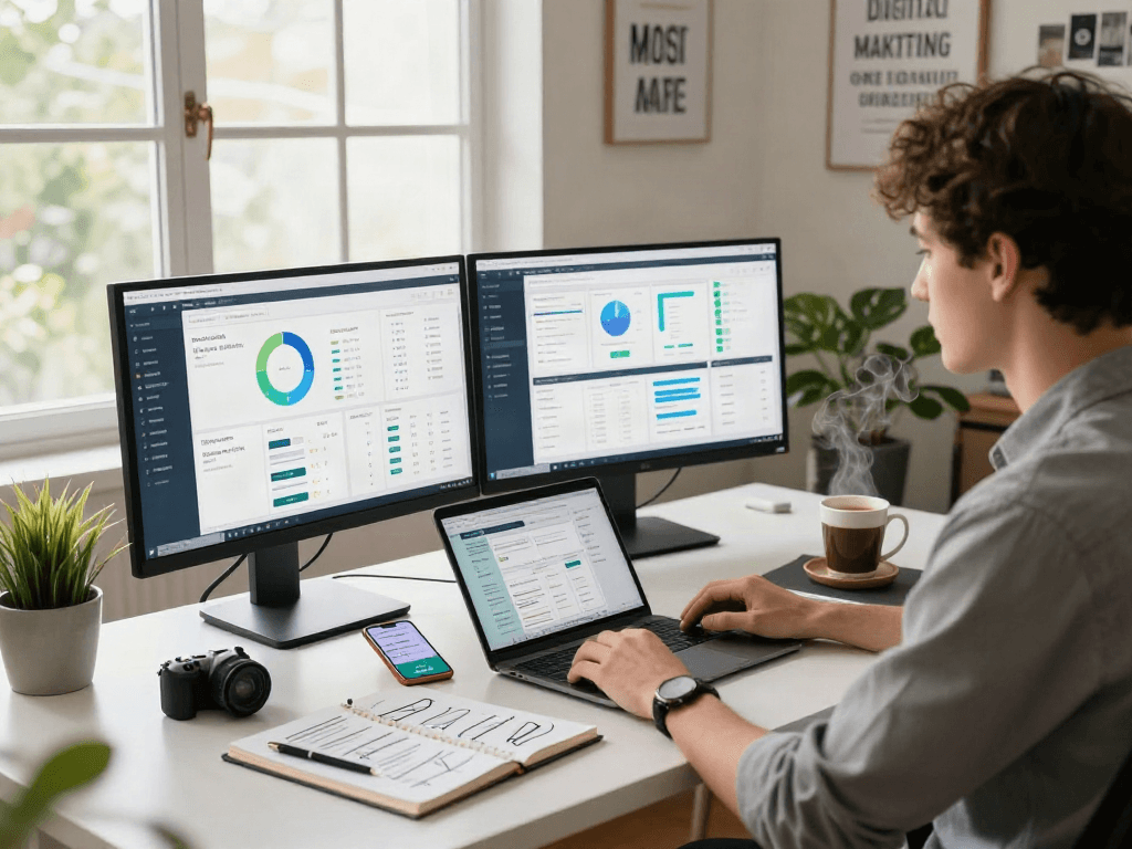 bro138 marketing workspace featuring analytics dashboards and a creative atmosphere
