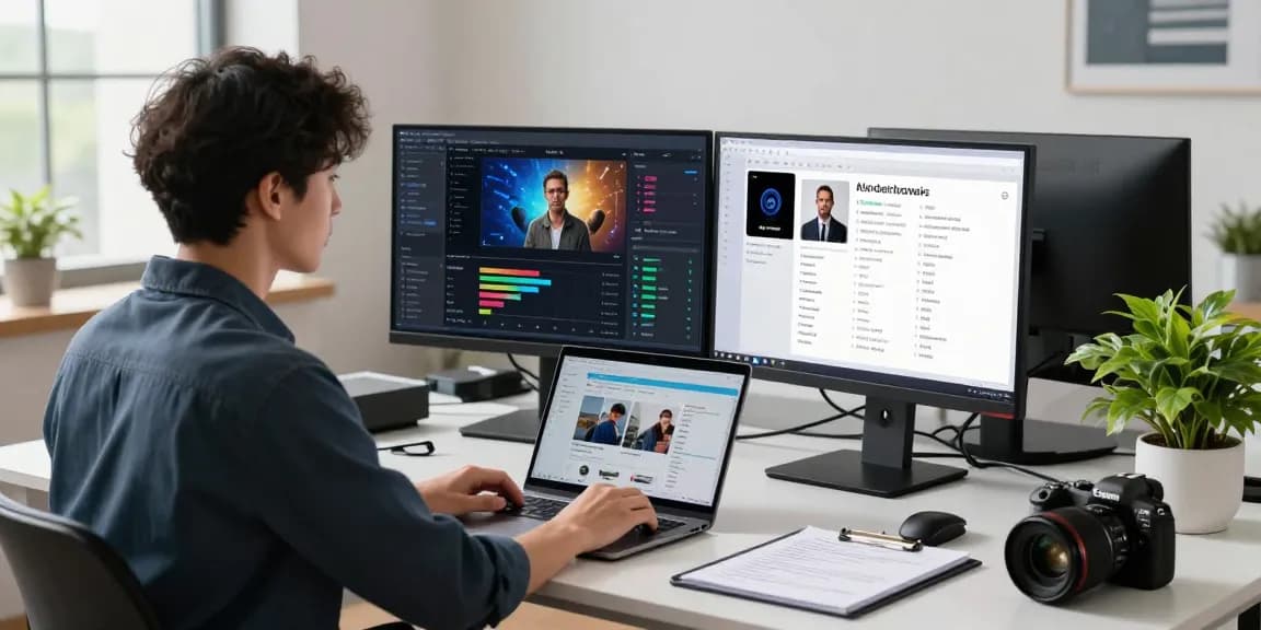 AI image detector tool in action, professional analyzing images in a modern workspace.