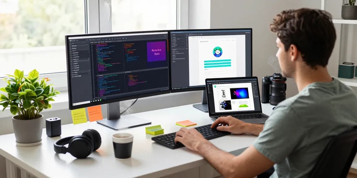Frontend development with React workspace showcasing a developer coding and designing applications in an inspiring tech environment.