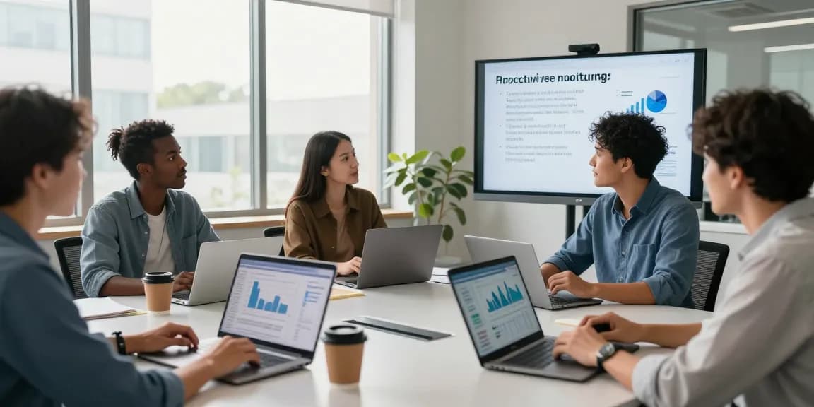 IT support for business meeting showcasing diverse professionals discussing proactive IT solutions in a modern office.