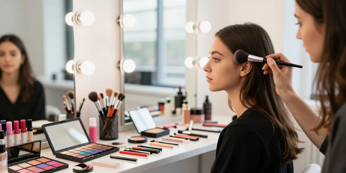 Applying makeup with makeup blending brushes in a chic beauty studio.