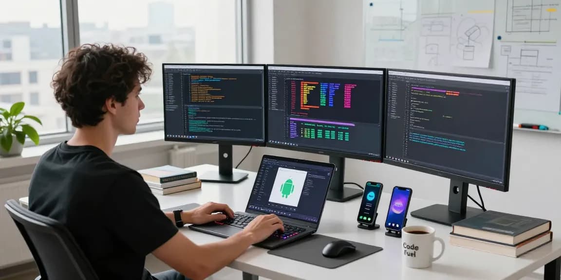 Developer in modern workspace learning dependency injection with Hilt while coding on multiple screens