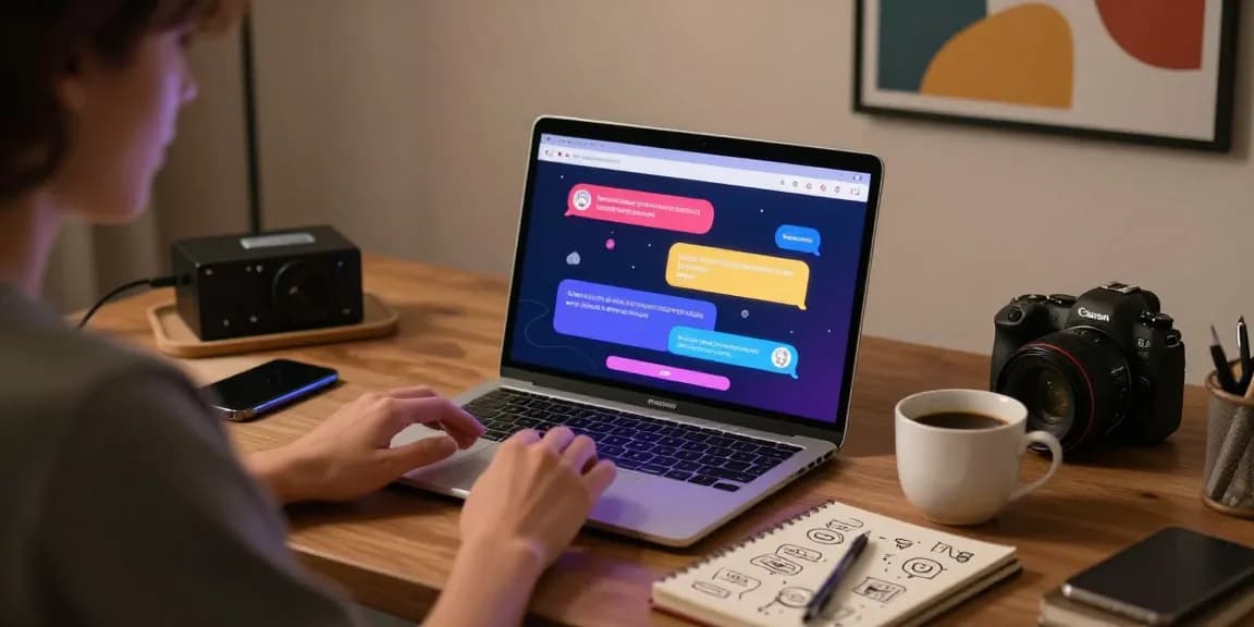 User engaging in nsfw ai chat on a laptop in a cozy workspace, showcasing vibrant chat interface and creative atmosphere.