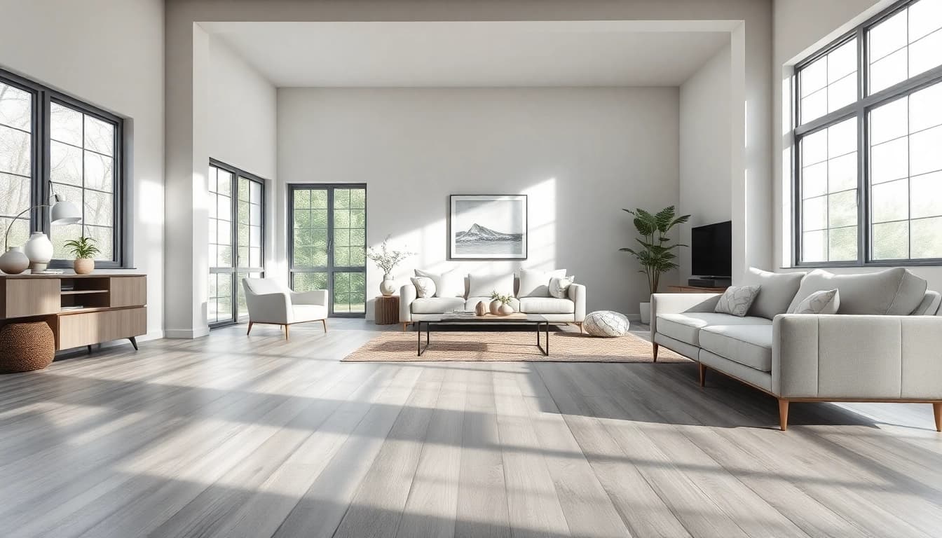 See best lvp flooring in a modern interior setting with platinum grey vinyl flooring.