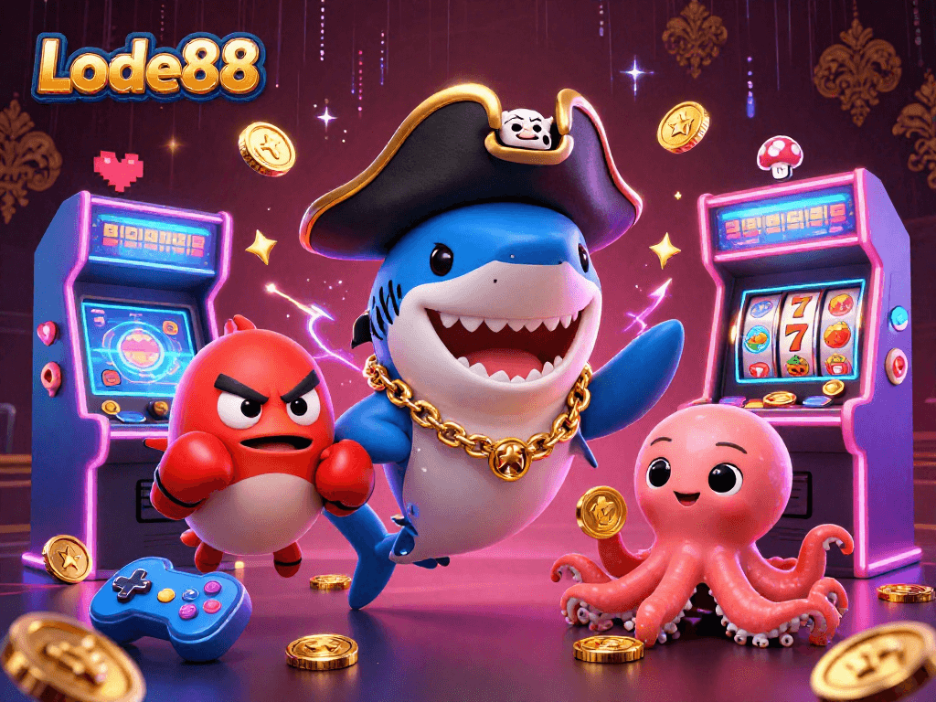 Engage with Lode88's vibrant casino scene featuring a playful shark, pufferfish, and octopus amidst slots.