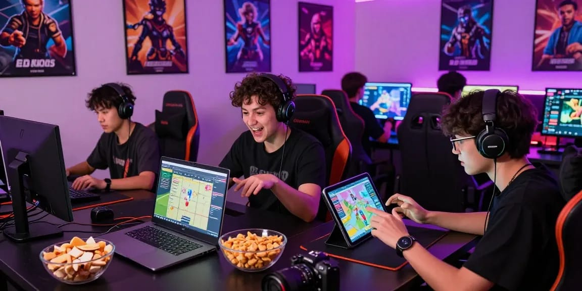 Diverse gamers engaging in free sex game on laptops and tablets in a vibrant lounge.
