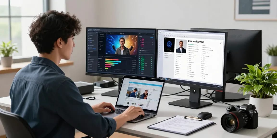 AI image detector tool in action, professional analyzing images in a modern workspace.