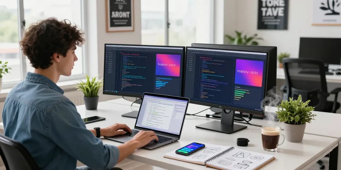 Dynamic workspace with a developer coding on dual monitors, showcasing 纸飞机中文版 technology in a modern office.