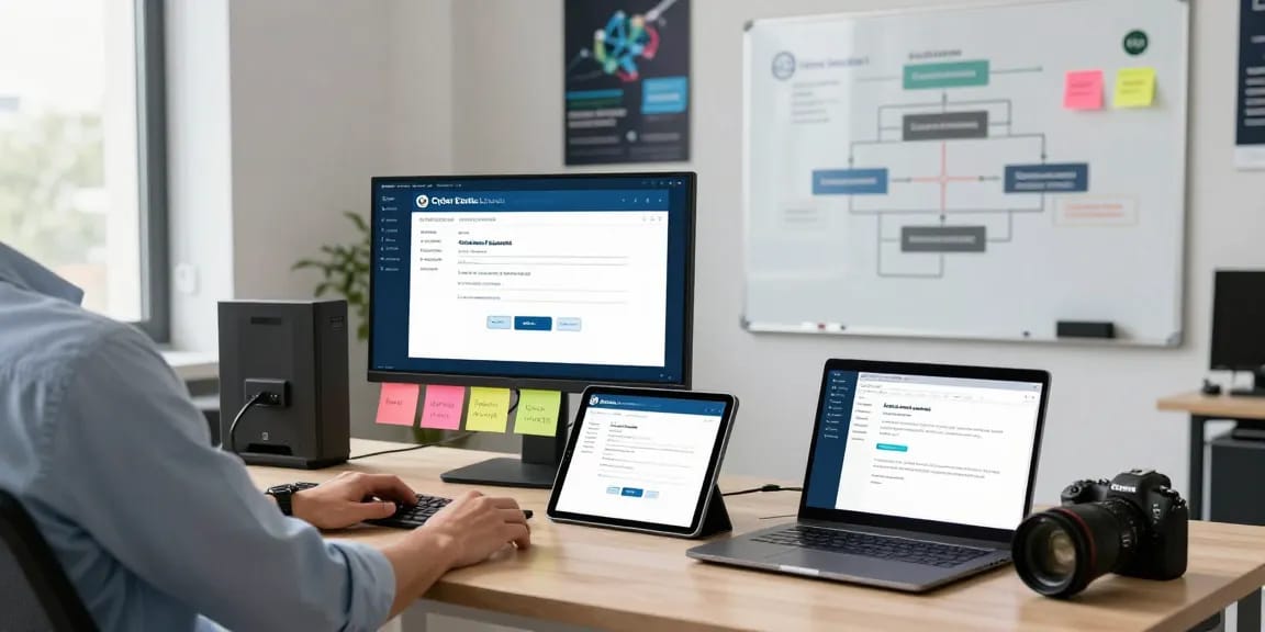 Cyber Essentials questionnaire assessment scene at a modern desk, illustrating compliance process with multiple monitors and documentation.
