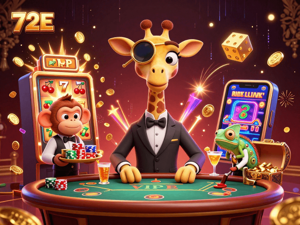 72E e girafa apostando em um cassino, com dragas de fichas e um coquetel dourado.