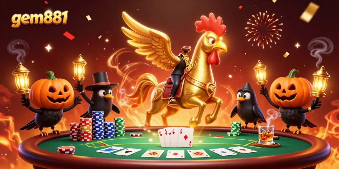 Experience the thrilling atmosphere of gem881 casino featuring a golden rooster and poker action.