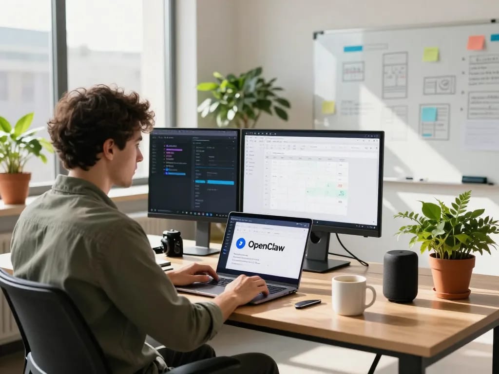 Software developer using OpenClaw AI assistant for task automation in modern workspace