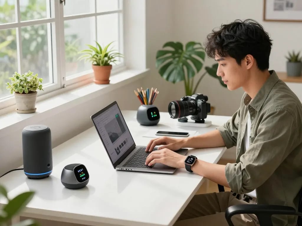 Must have tech gadgets displayed in a modern workspace with a professional using technology.