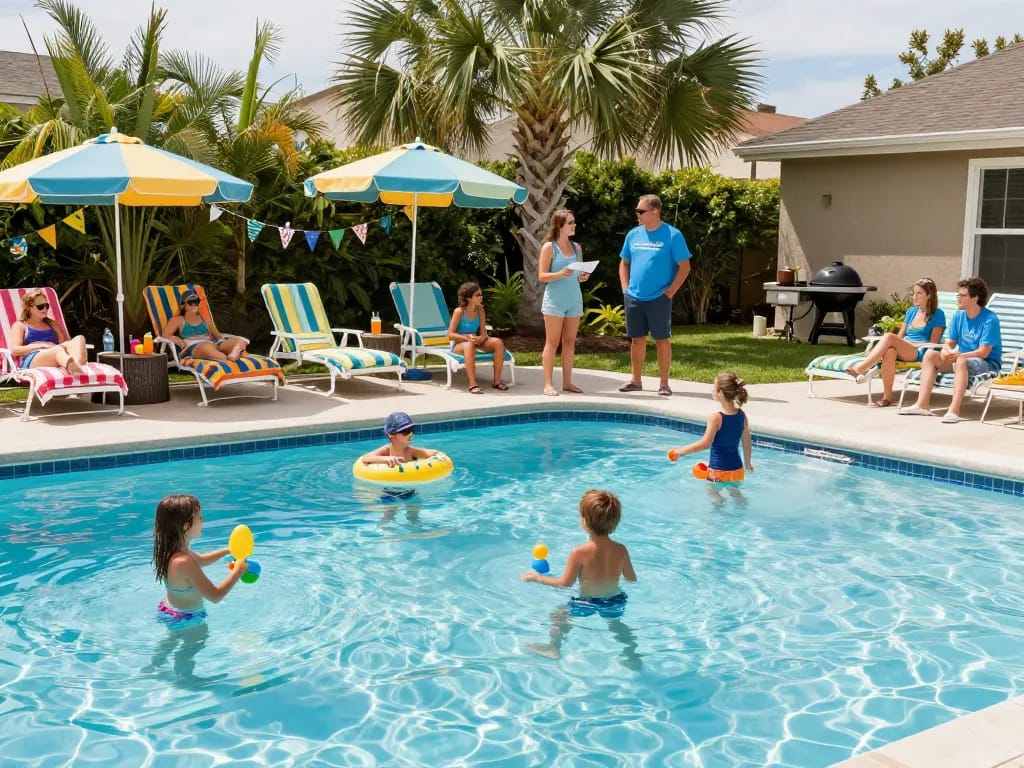 Dolphin Pool Services team discussing maintenance with family by their backyard pool, showcasing a sunny, joyful ambiance.