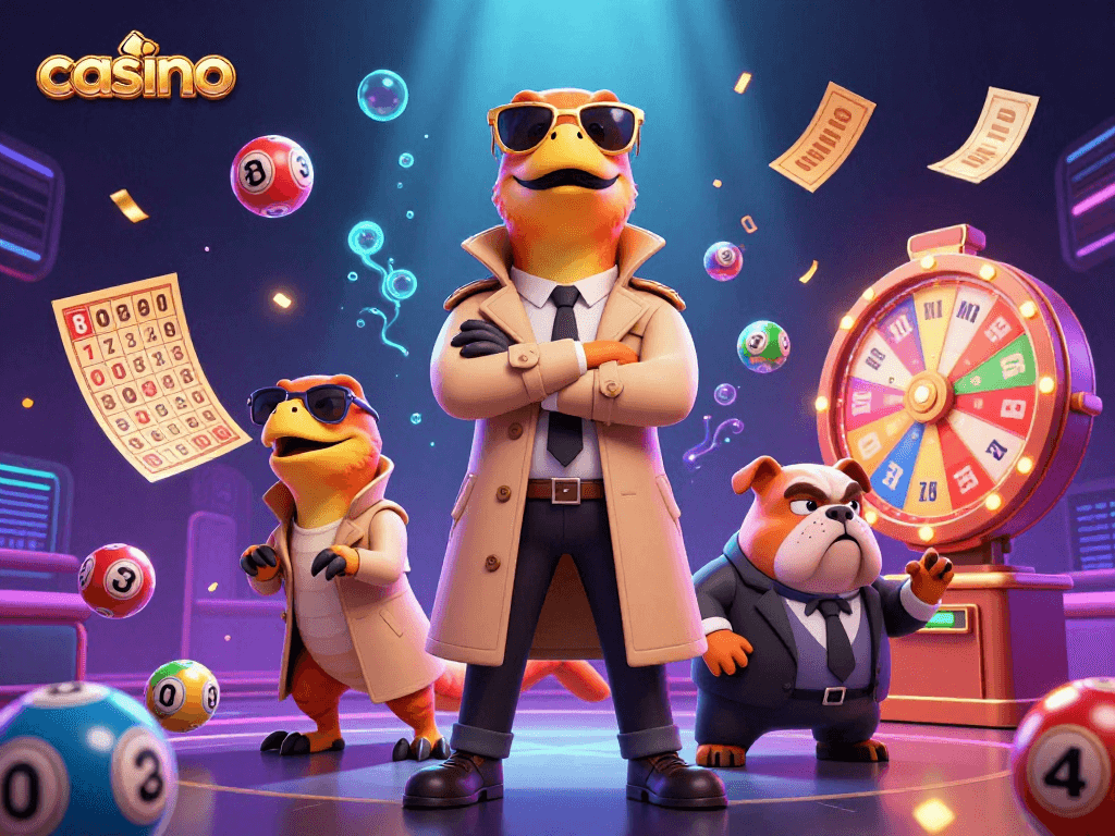 Cats gamble in a vibrant casino scene featuring dynamic lottery elements.