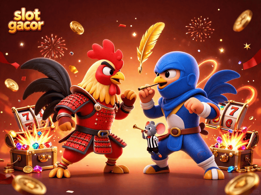 Experience thrilling action with slot gacor as 3D roosters duel, surrounded by vibrant casino gaming elements.