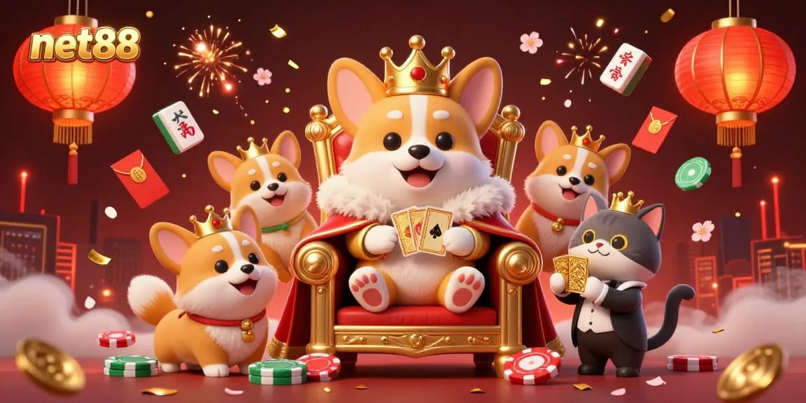 Experience the allure of net88 with a royal corgi, poker chips, and vibrant gaming elements.