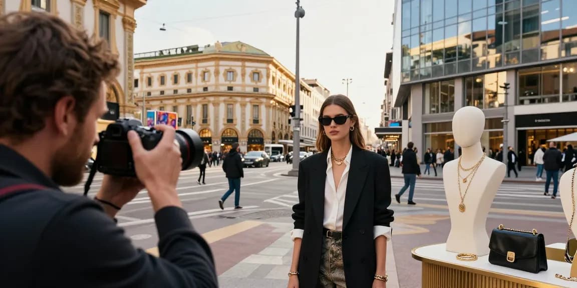 Fotografo Milano cattura un modello elegante in un'ambientazione urbana vivace di Milano, con luce soffusa pomeridiana.