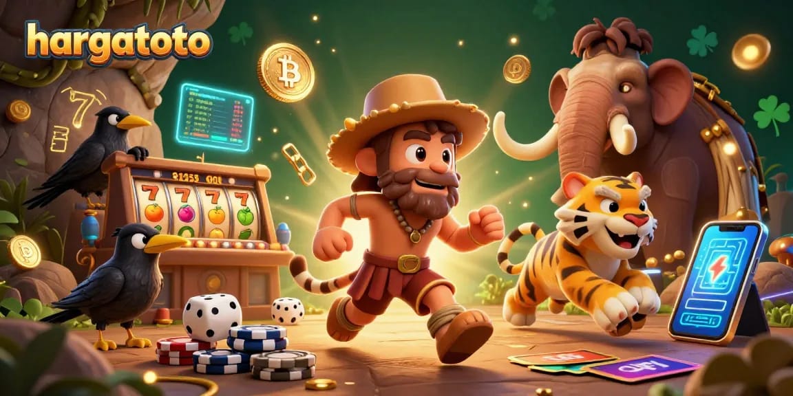 Experience hargatoto's thrilling casino atmosphere with vibrant characters and jackpot excitement.