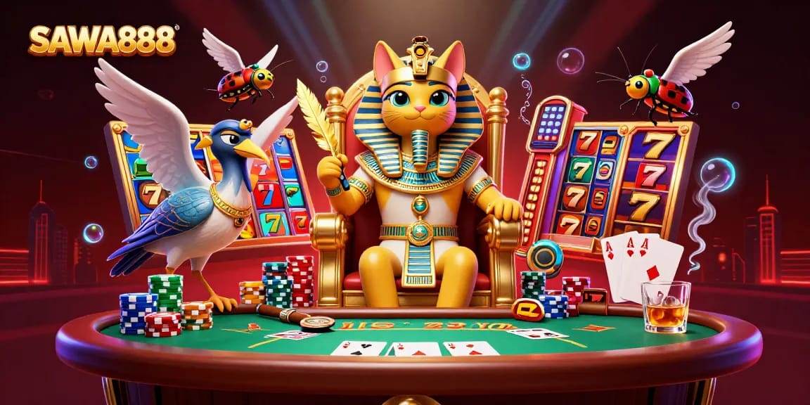 SAWA888 ignites excitement with vibrant slot reels and a lively Egyptian casino scene.