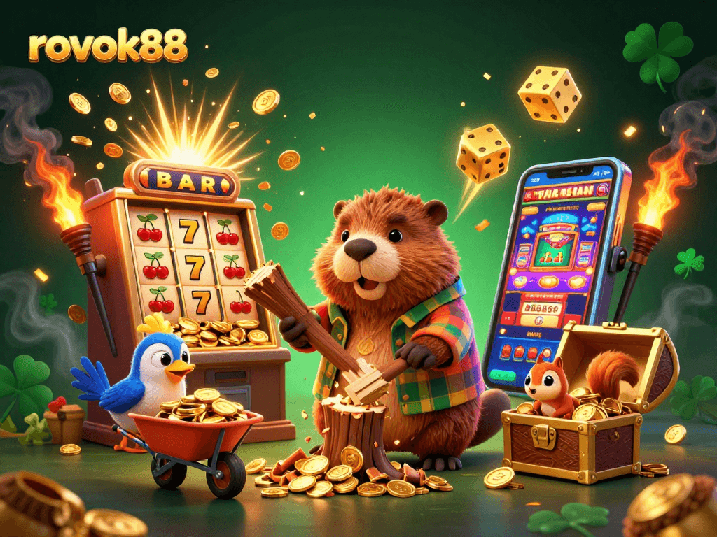 Chop your way to wealth with rokok88 as a beaver collects golden coins in a vibrant casino scene.