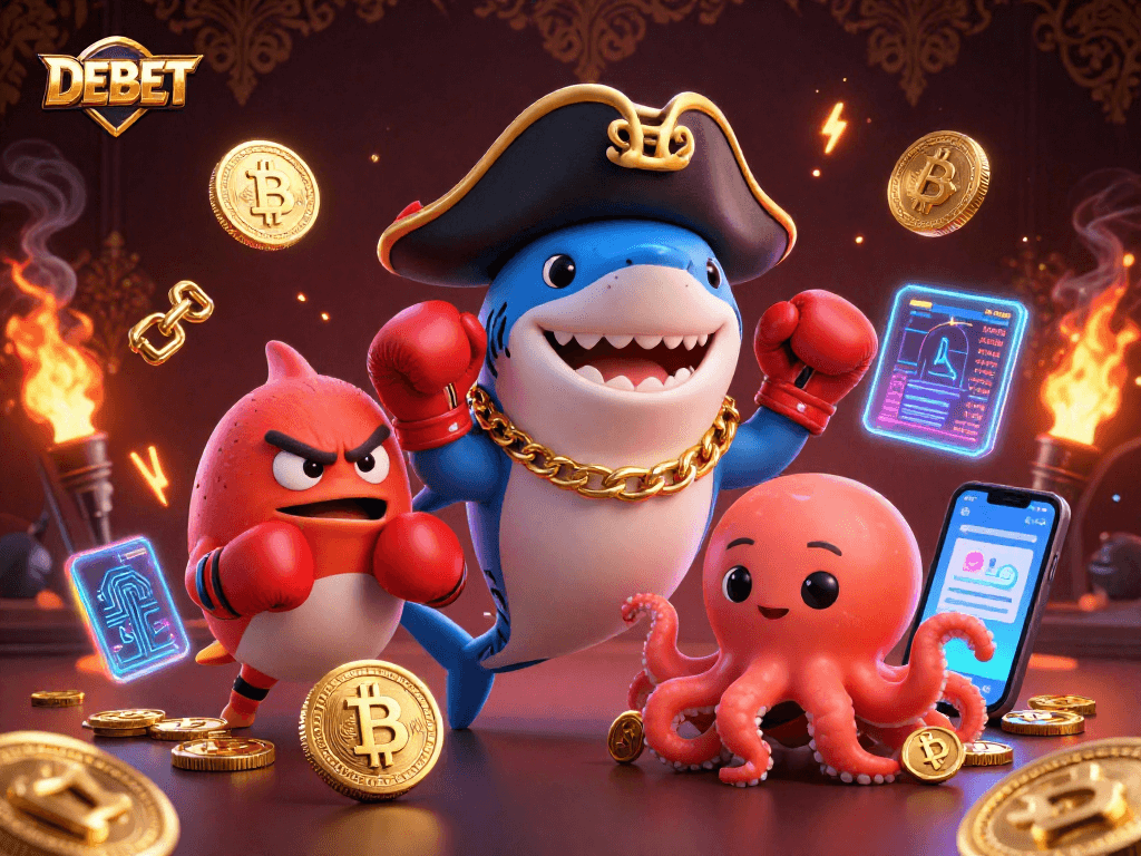 Spin through the DEBET crypto casino adventure with vibrant characters and dynamic elements!