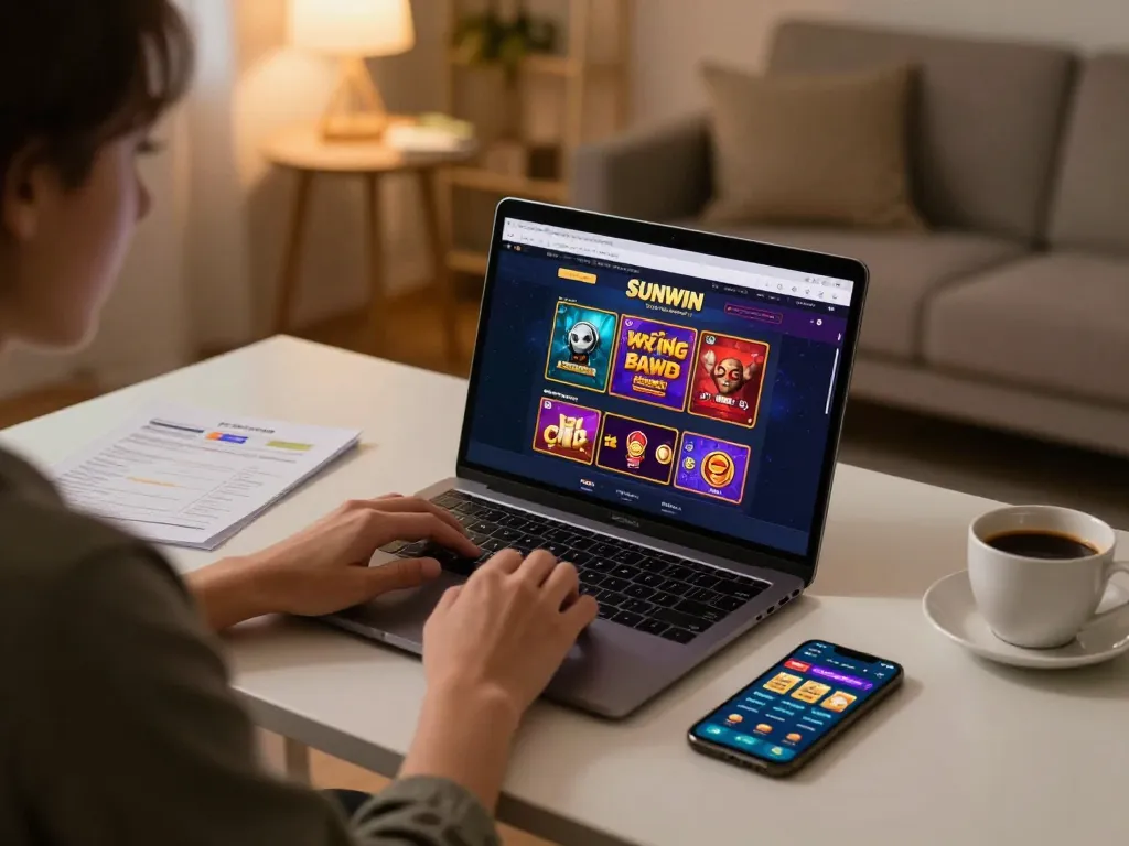Person gaming at home on SUNWIN casino platform with laptop and smartphone.