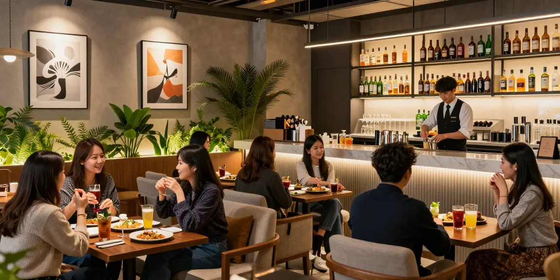 강남쩜오의 현대적이고 편안한 라운지 내부에서 손님들이 즐거운 대화를 나누고 있는 모습