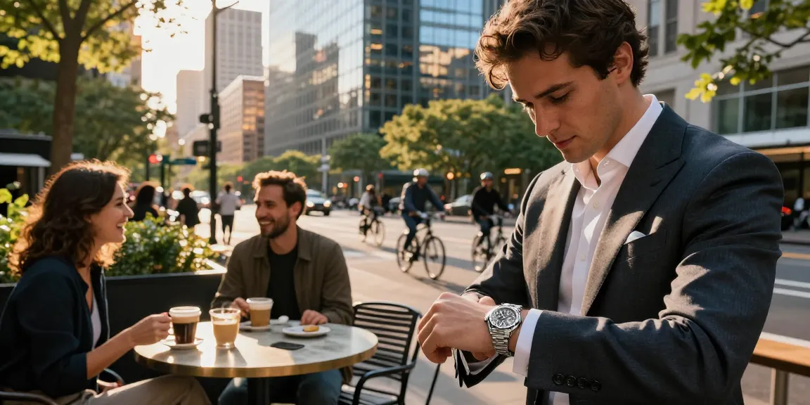 Stylish individual checking the time on a rolex super clone watch in an urban café setting.