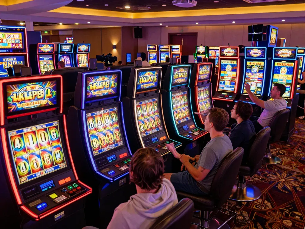Players engaging with link slot machines in a lively casino setting, showcasing excitement and anticipation.