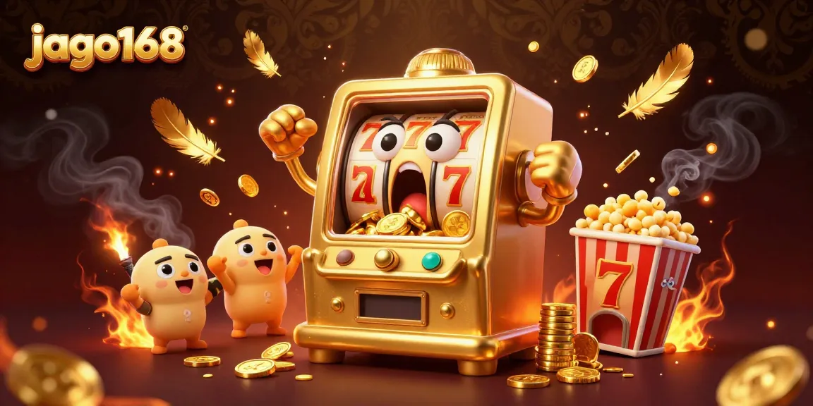 Experience thrilling jackpots at jago168 with a lively scene of excited slot machines and chaos of golden coins.