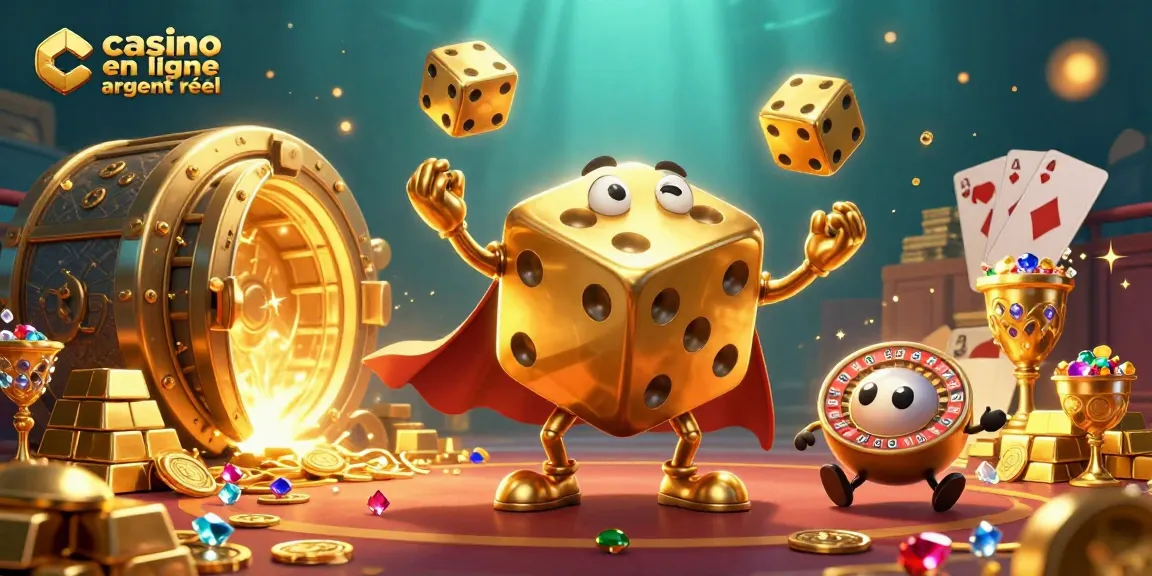 Jouez à casino en ligne argent réel avec de magnifiques éléments de jeux, dés dorés et trésors scintillants.