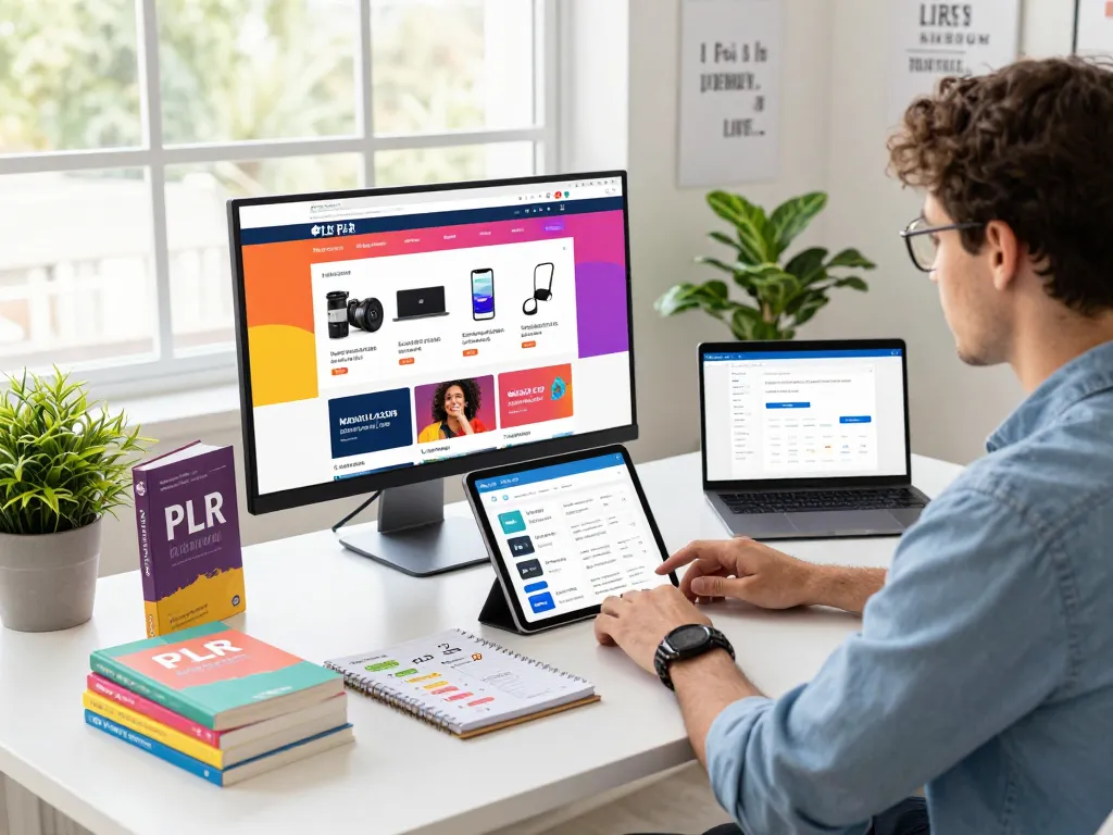 PLR Digital Products for Sale displayed on dual monitors in a vibrant digital marketing workspace.