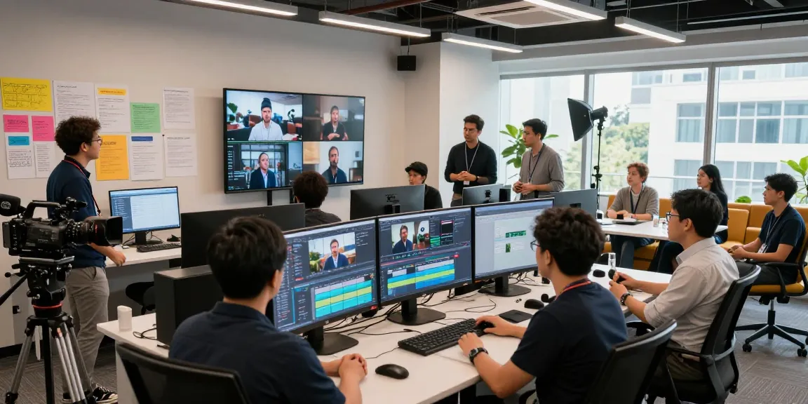 Singapore Corporate Video Production team collaborating creatively in a modern editing studio.