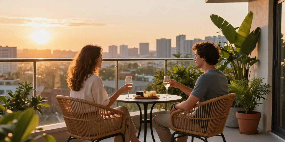 Stylish balcony patio furniture with a couple enjoying wine and cheese at sunset.