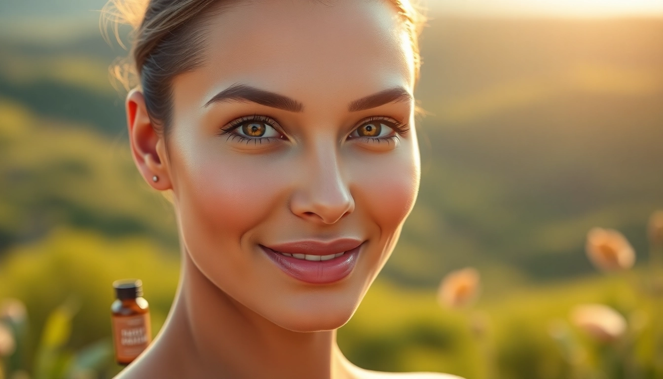 Showcasing astaxanthin for skin health, a model radiates wellness in a natural setting.