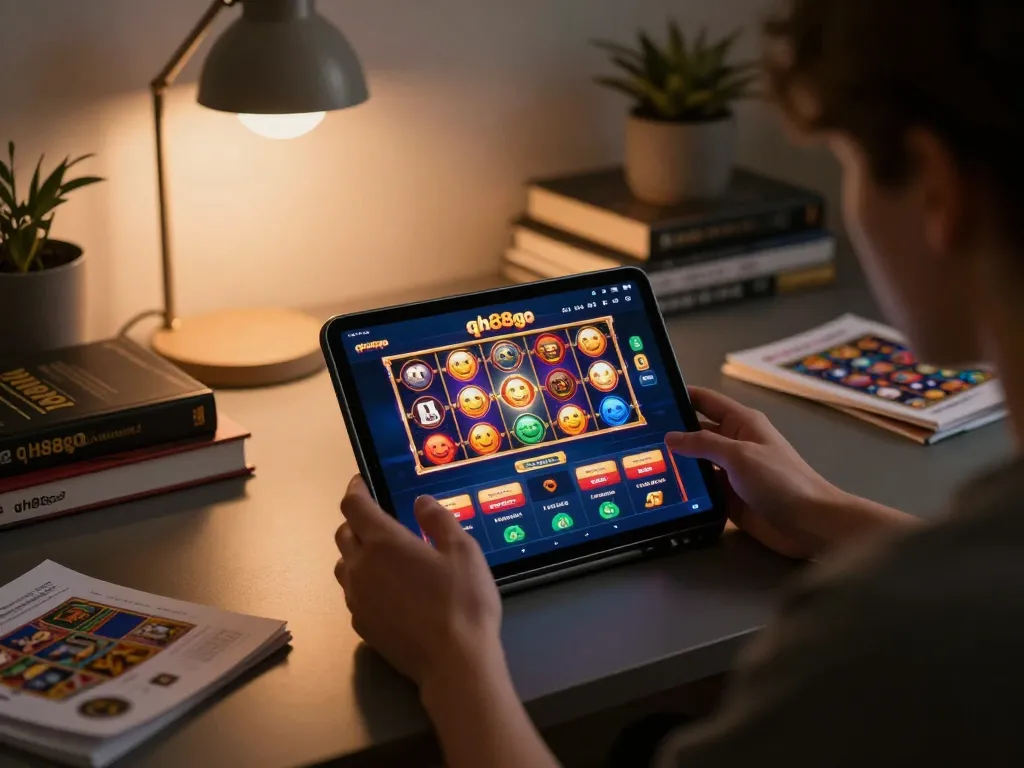 Player enjoying qh88go online gaming on a tablet in a cozy home environment.