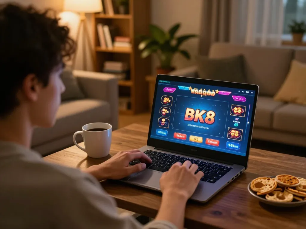 Player navigating BK8 casino online gaming from a cozy home setup, showcasing engagement and strategy.