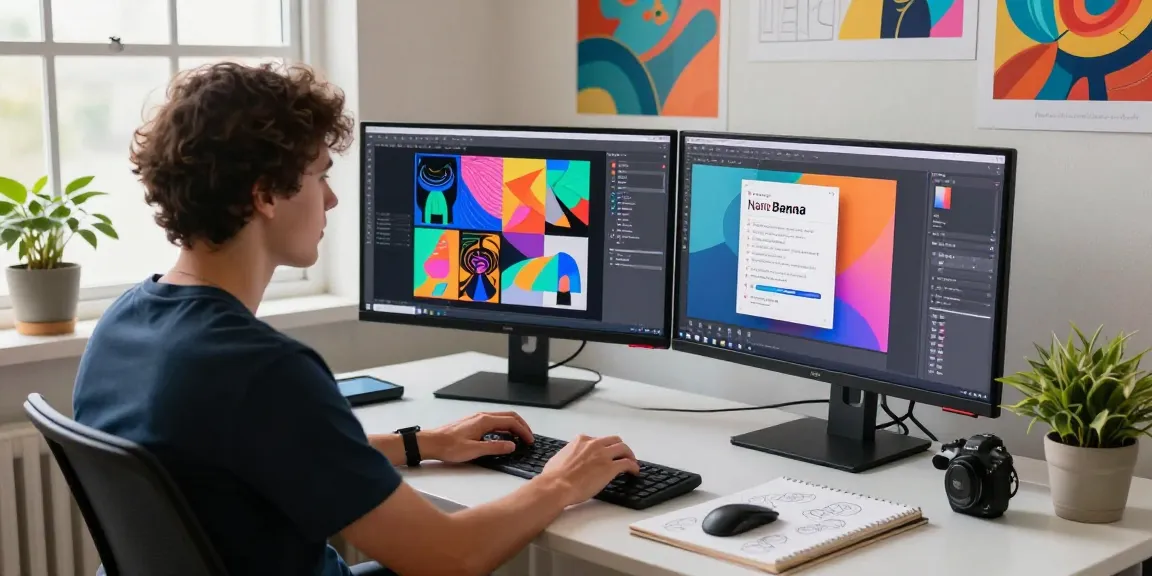 Dynamic artist workspace showcasing nano banana pro in action with AI-generated images and vibrant creative elements.