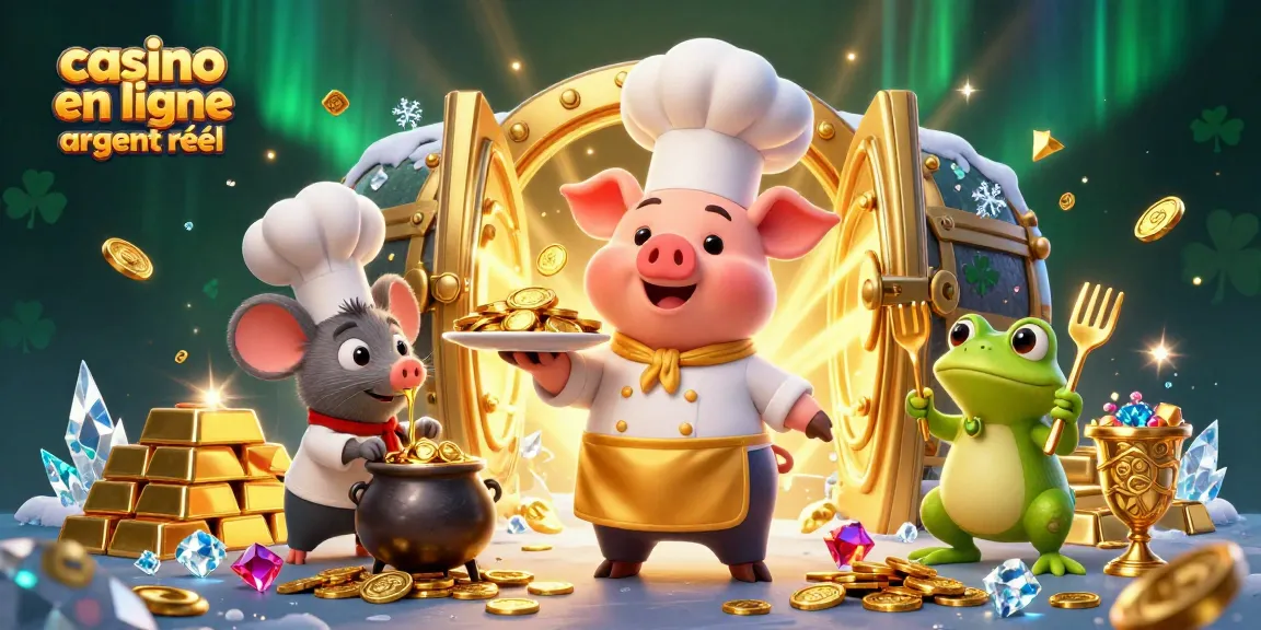 Jouez à un casino en ligne argent réel avec des pièces d'or et des personnages animés.