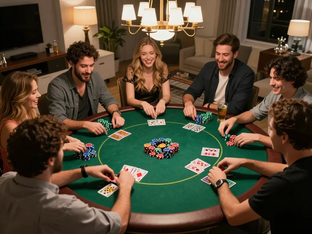 Friends enjoying a poker game at home, showcasing the excitement of hay88x gameplay.