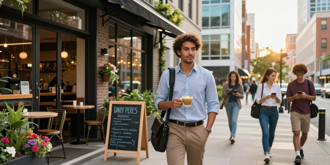 Explore rokok88 in an urban lifestyle scene with a professional enjoying coffee at a modern café.