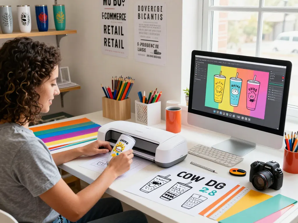 Creative workspace showcasing vibrant svg bundle designs for tumblers, featuring Cricut machine and colorful crafting supplies.