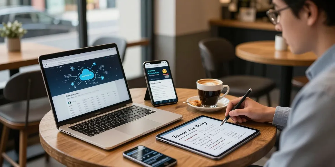 Beginner cloud mining platform analysis in a cozy coffee shop environment with blockchain research materials and crypto tools