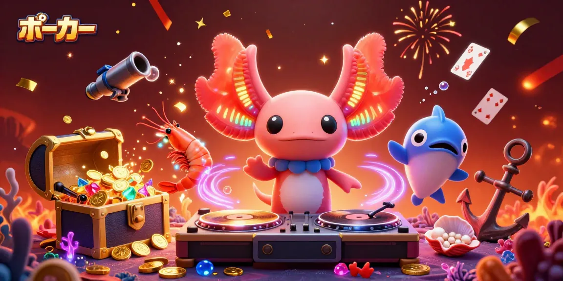 ポーカーオンラインの多彩なキャラクターと楽しい海底の背景が特徴的な3Dイラスト