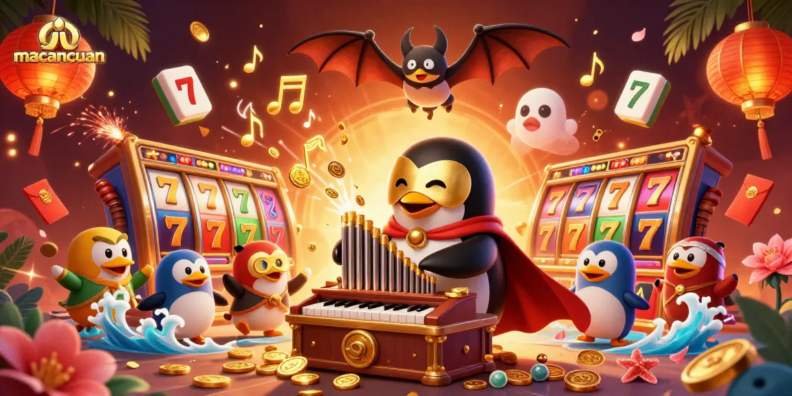Memainkan macancuan dengan simbol jackpot dan slot yang berkilau dalam ilustrasi penuh warna.