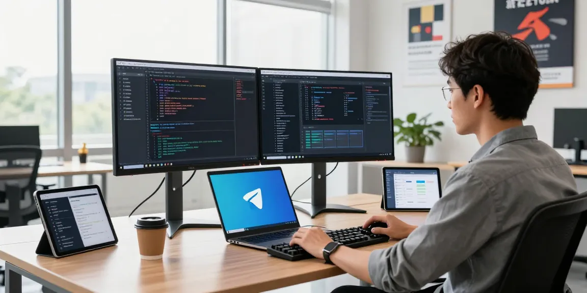 Developer working on 纸飞机中文版 app in a modern office with dual monitors and tech gadgets.