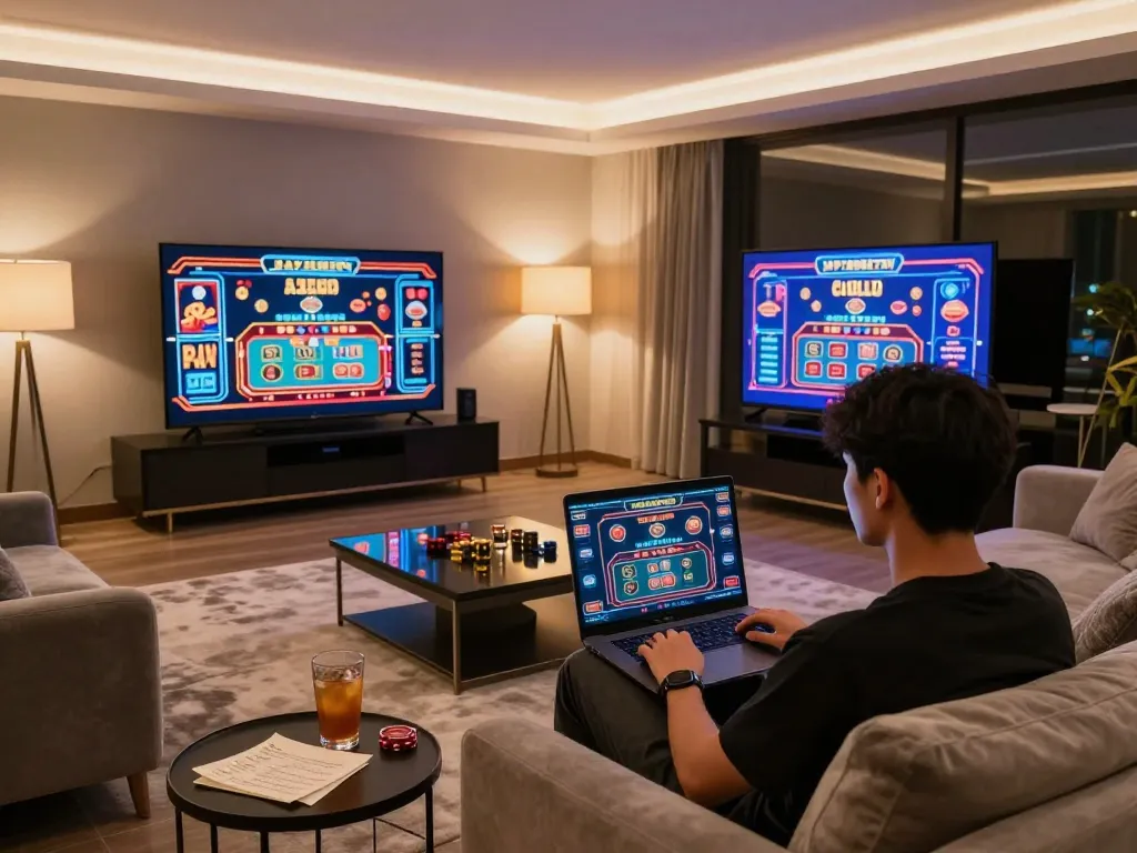 Engaged player enjoying online gaming on 98win in a stylish living room setting