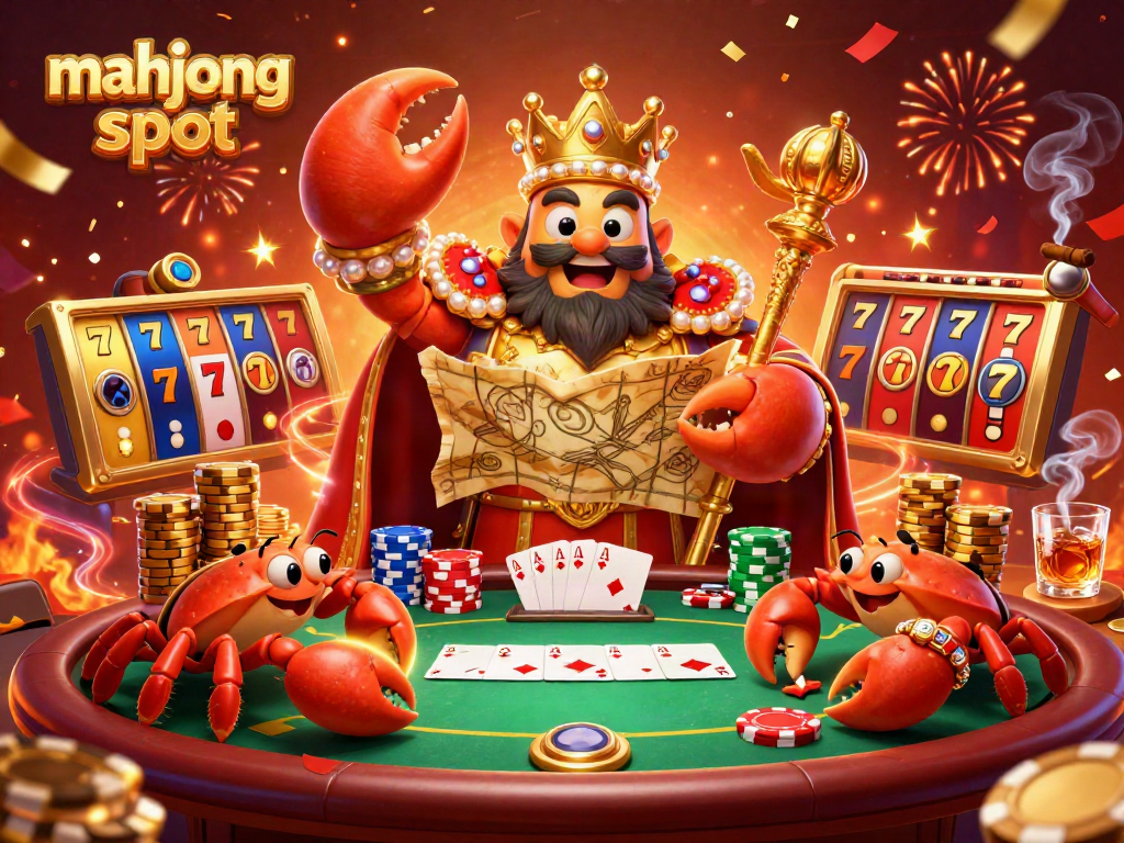 Experience mahjong slot adventures with a golden crab emperor in a vibrant casino scene.